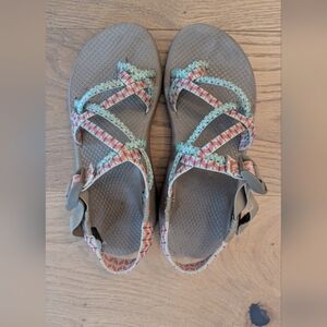 Chaco Gray/Tan Sandals with Aqua and Coral Straps